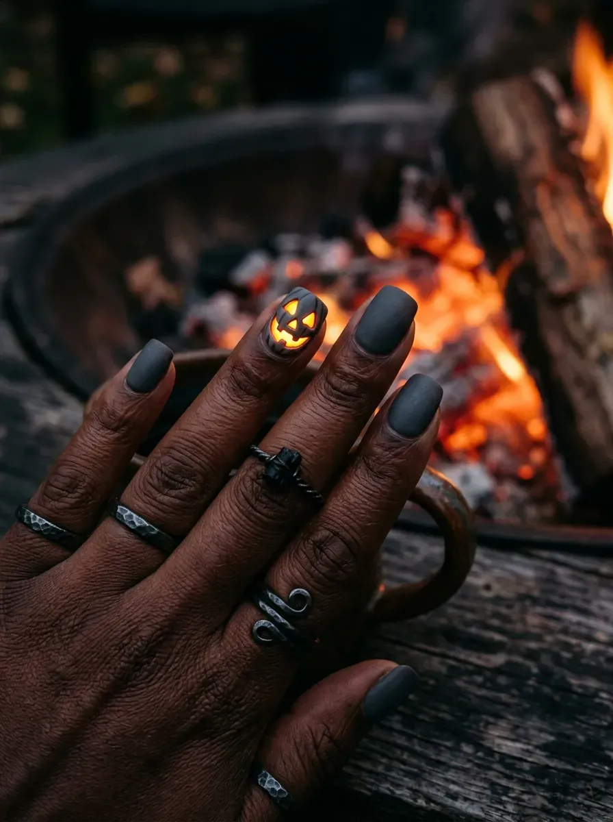 Matte charcoal grey nails with subtle carved jack-o-lantern face art