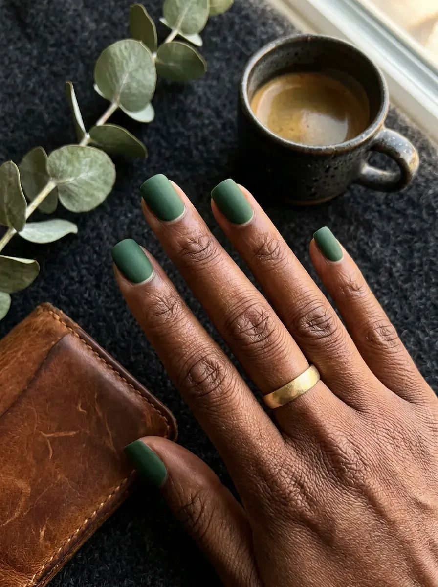 Short matte forest green nails on rich dark skin with earthy accessories