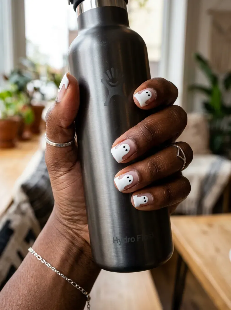 Clear nails featuring matte white ghost silhouette outlines and black eyes