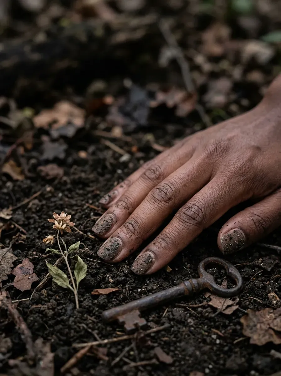 Close-up of gritty matte brown and black grave dirt nails on rich dark skin tone