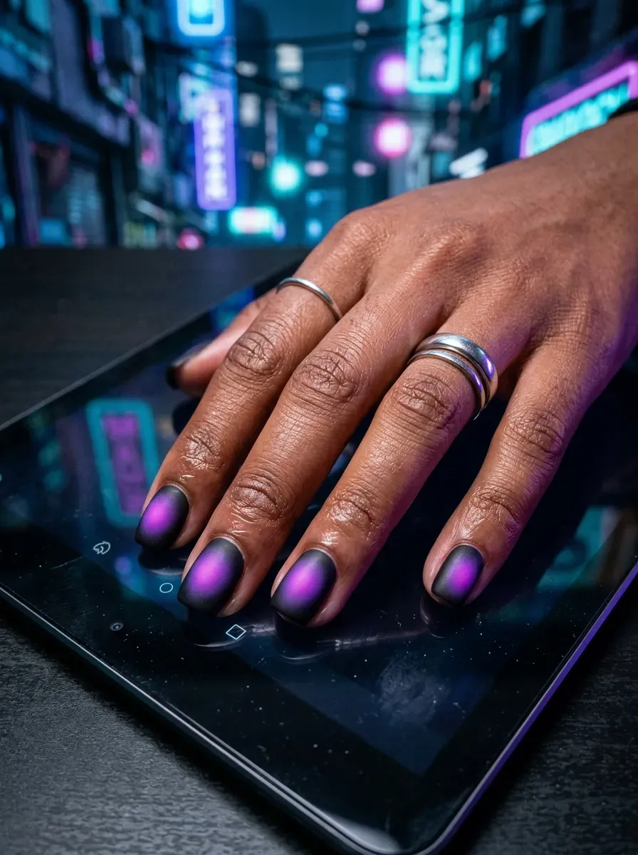Matte black nails with airbrushed glowing purple aura centers