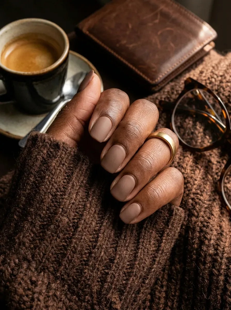 Short matte mocha nails on deep brown skin with chocolate accessories
