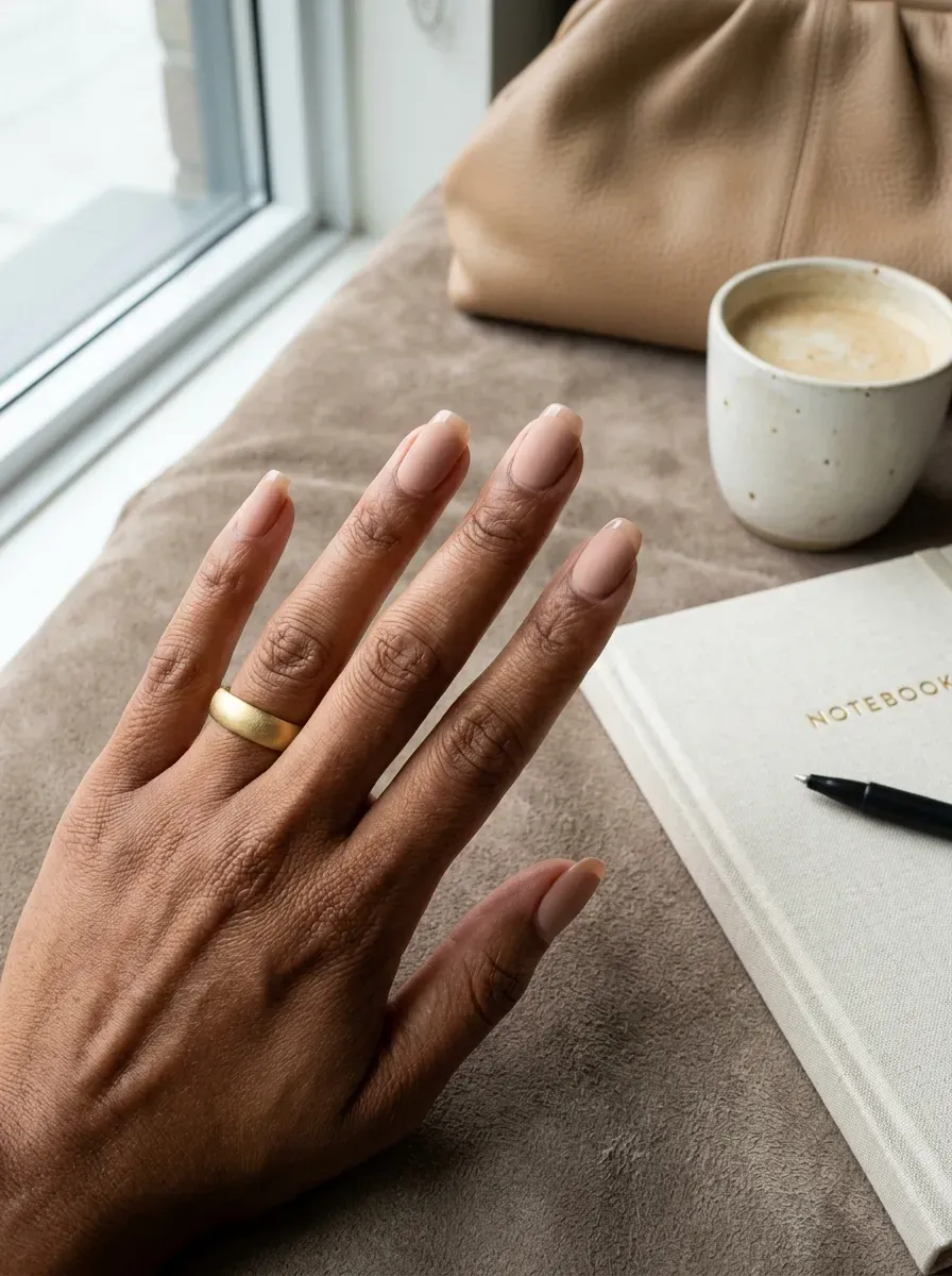 Matte nude nails with clear glossy French tips on warm brown skin