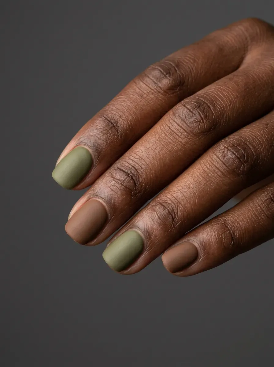 Short squoval nails combining matte olive and brown gel colors on rich skin