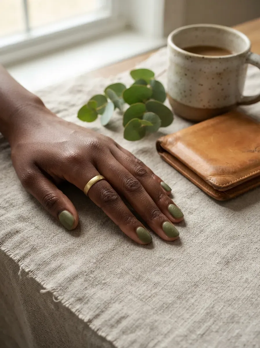 Short rounded nails painted matte olive green on deep brown skin