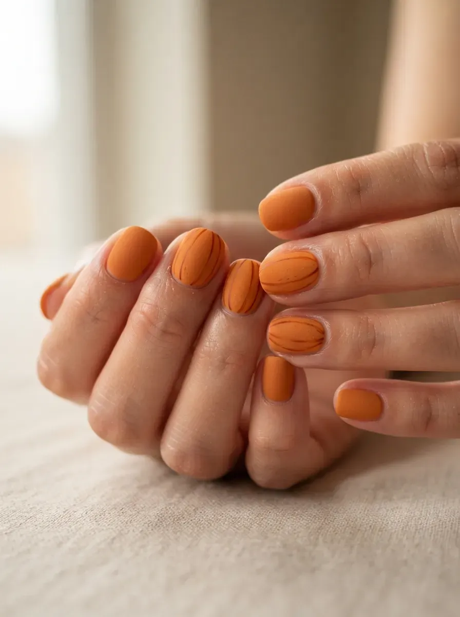 Short matte orange nails with subtle pumpkin inspired Halloween details