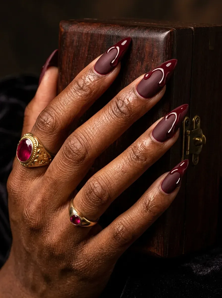 Deep oxblood red matte nails featuring glossy tonal drip accents