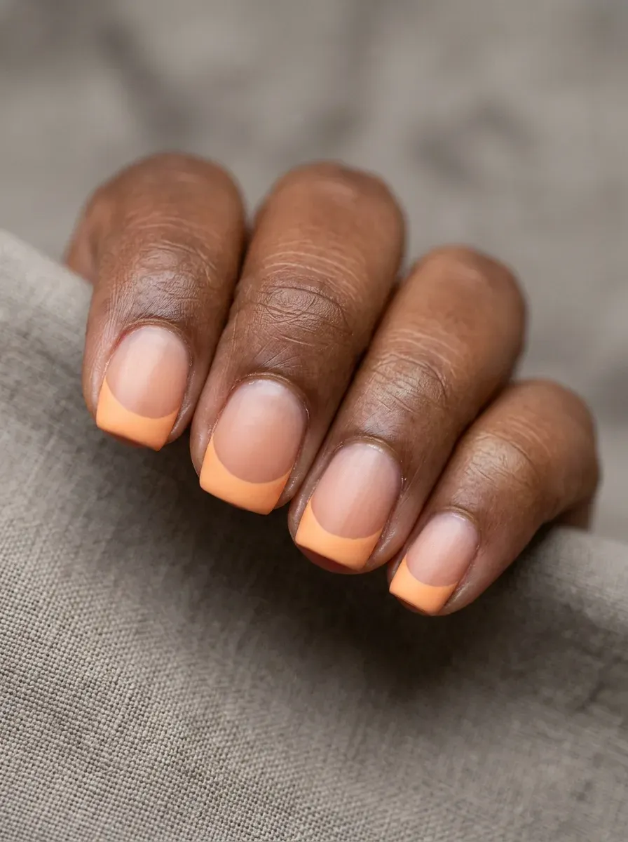 Short squoval nails with matte pastel orange pumpkin French tips