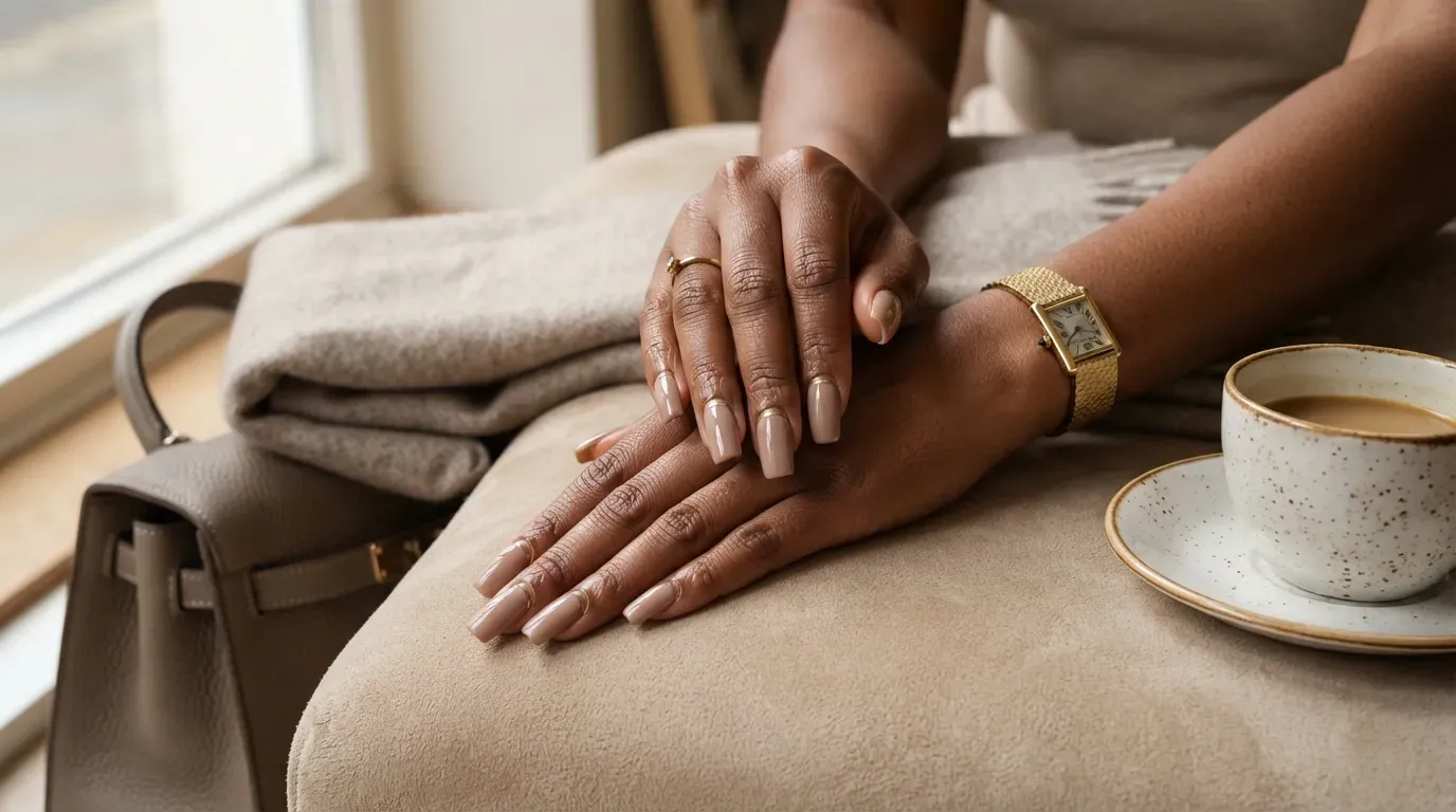 Long matte taupe square nails with slim gold cuticle curves