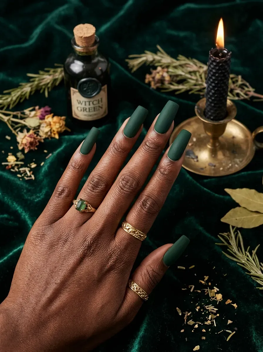 Matte deep green Halloween witch manicure on dark skin
