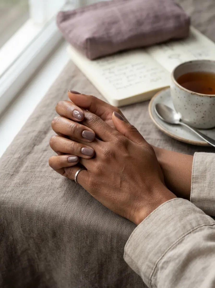 Mauve brown short nails on warm brown skin with muted autumn accessories