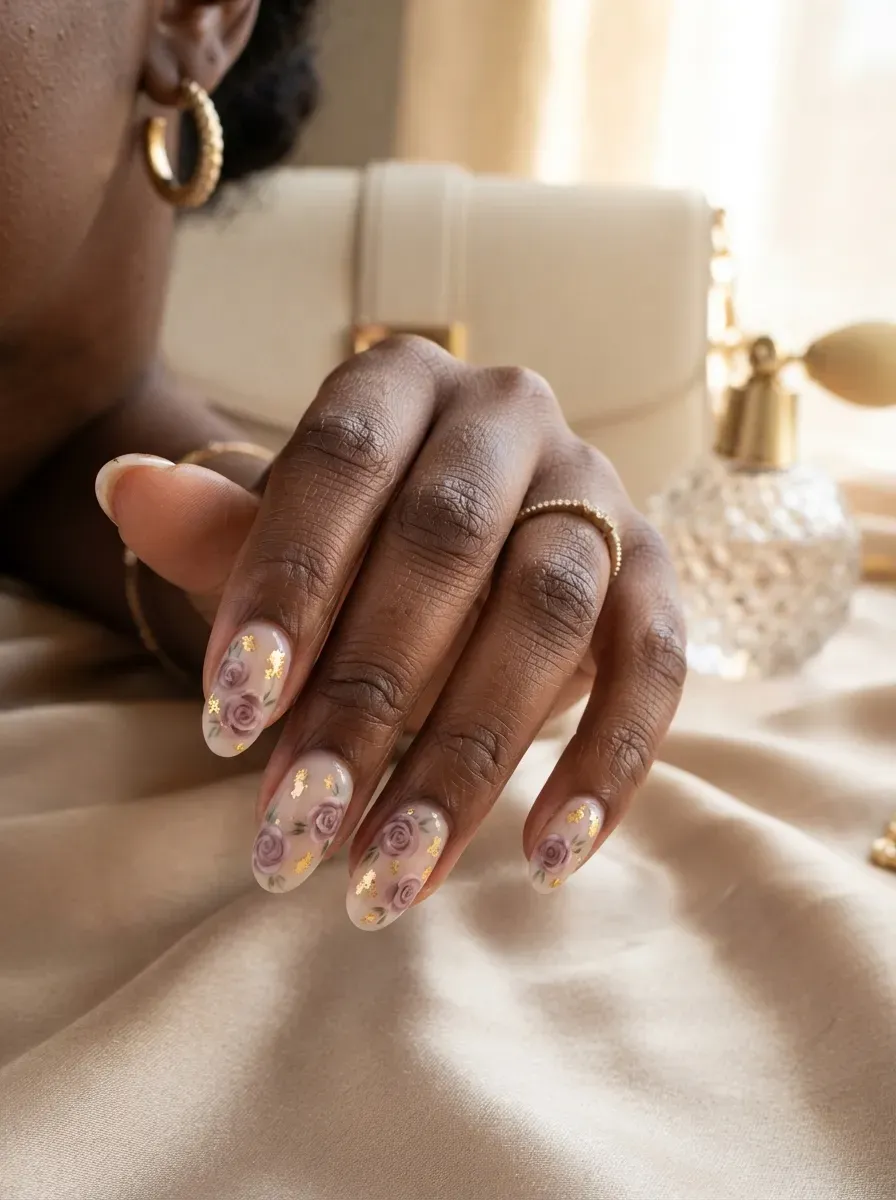 Mauve painted roses with gold leaf accents on milky nude nails