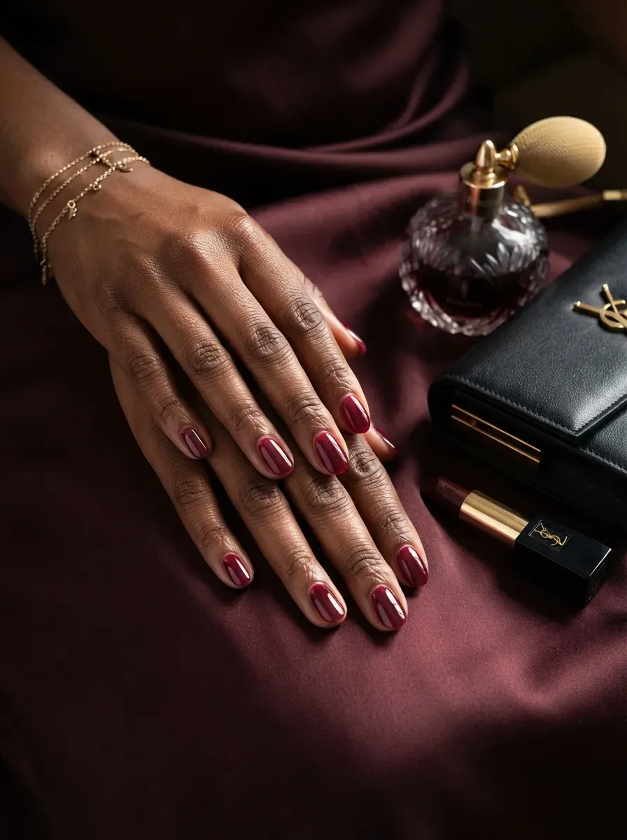 Translucent merlot red nails on deep brown skin with wine styling