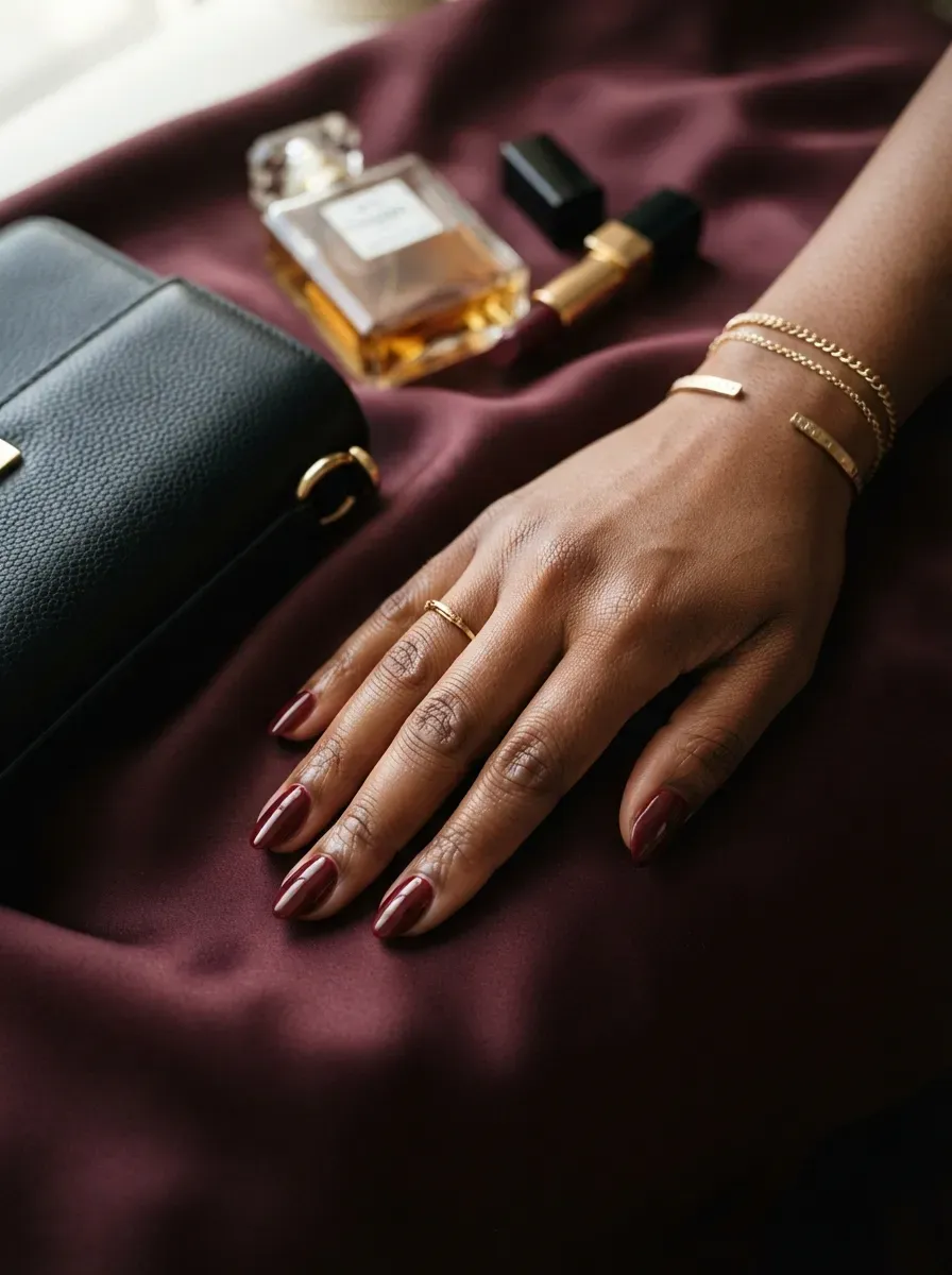 Merlot red almond nails on brown skin with gold jewelry and wine styling