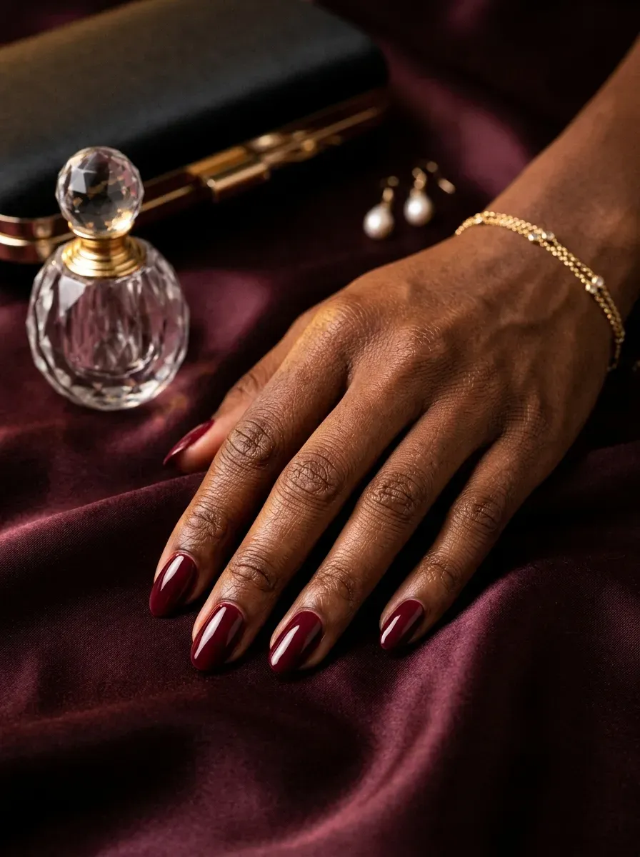 Merlot red oval nails on deep brown skin with evening wedding accessories