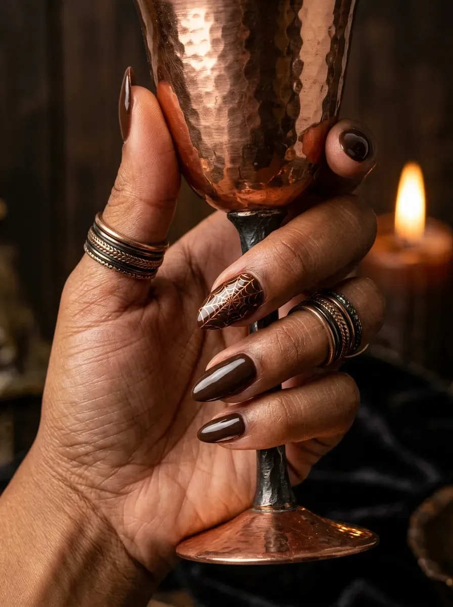 Deep espresso brown nails with one metallic copper web feature nail