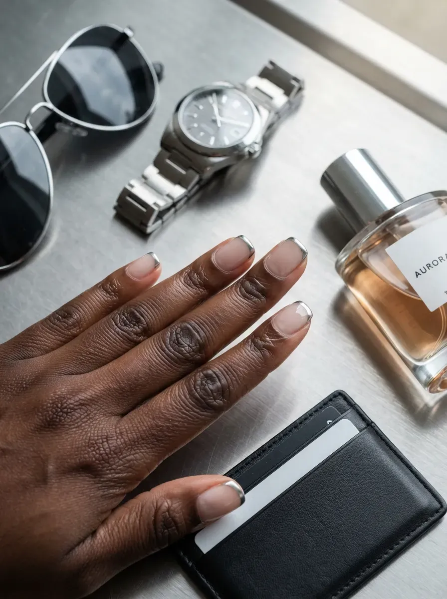 Short clear nude nails with thin metallic silver tips on dark skin