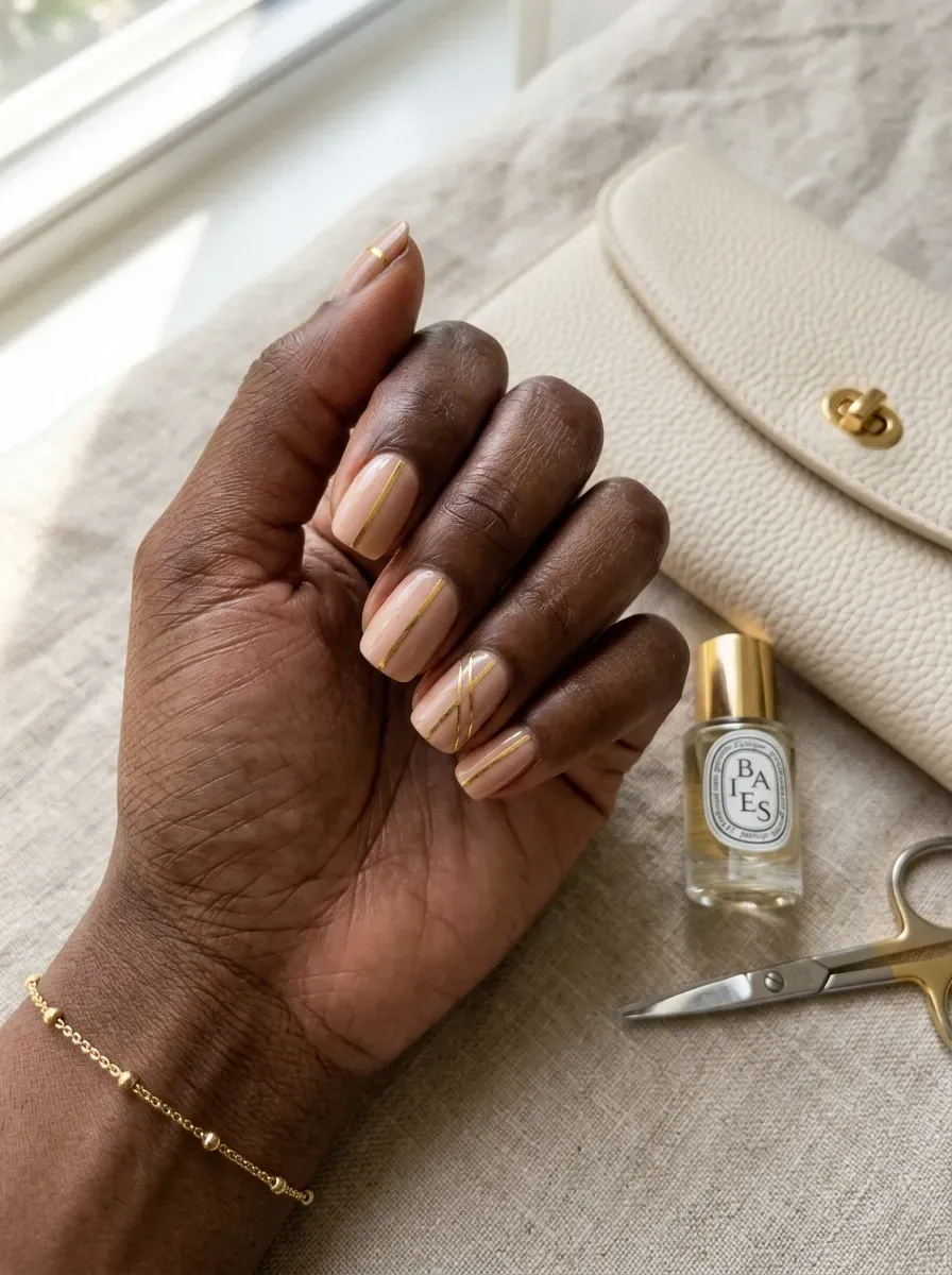 Short nude nails with thin metallic gold sticker stripes on dark skin