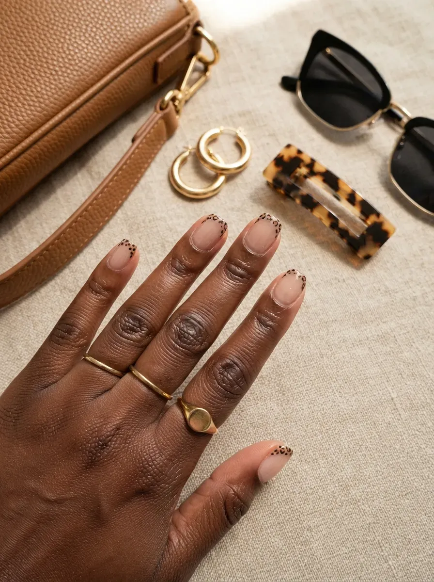 Tiny leopard pattern French tips on short nude nails with deep brown skin