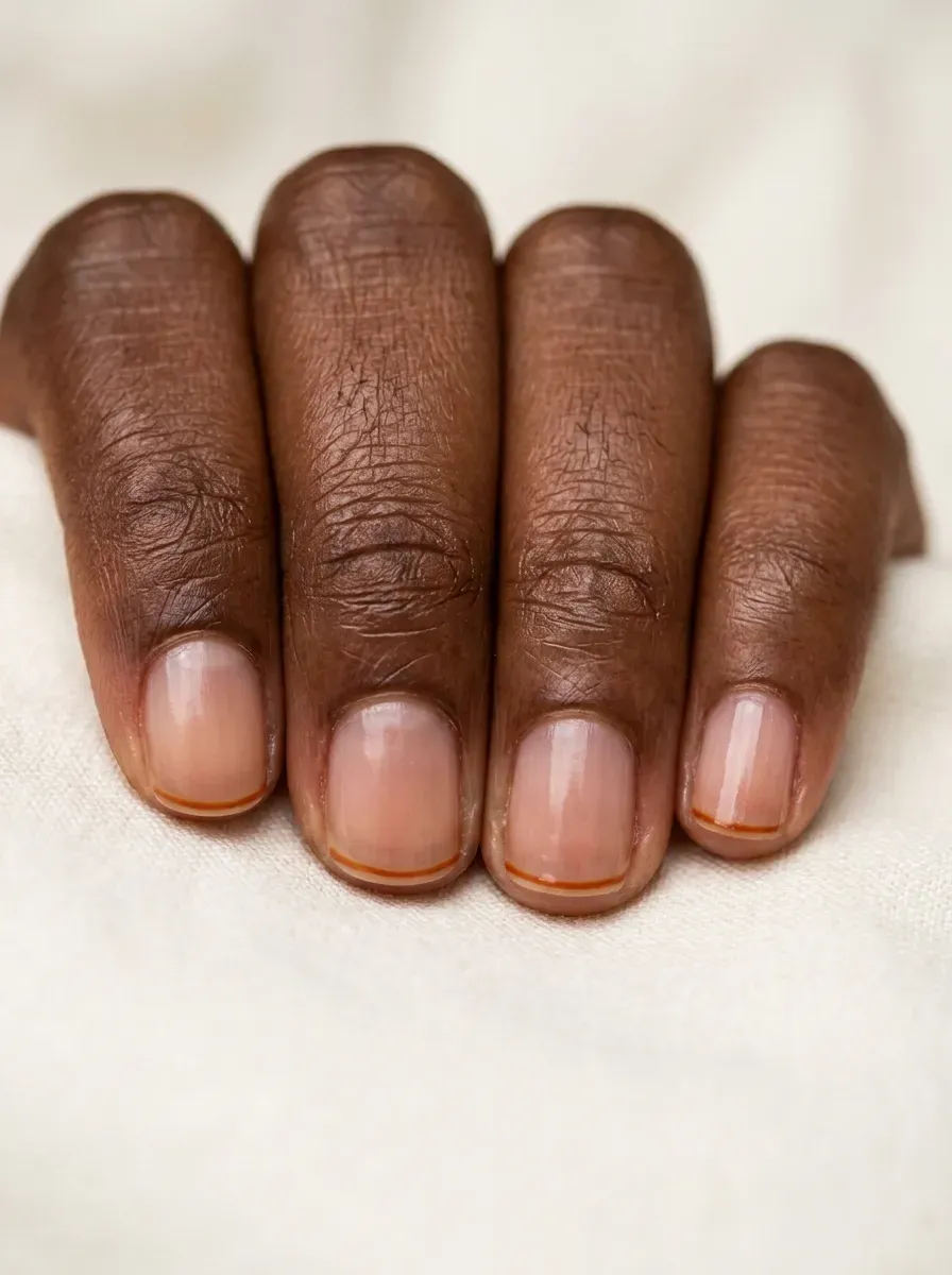 Extremely thin micro French tip nails in burnt orange