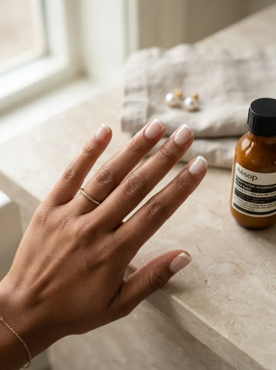 Short square nails with fine white French tips on warm brown skin