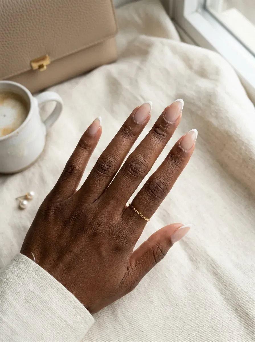 Long almond nails with ultra thin white French edges on deep brown skin