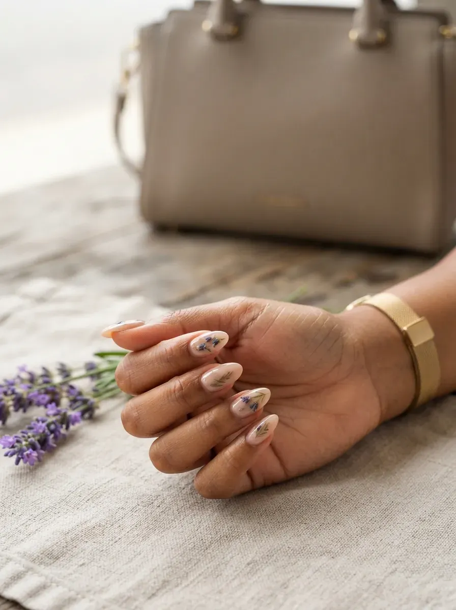 Nude almond nails scattered with miniature lavender flowers and delicate green leaves