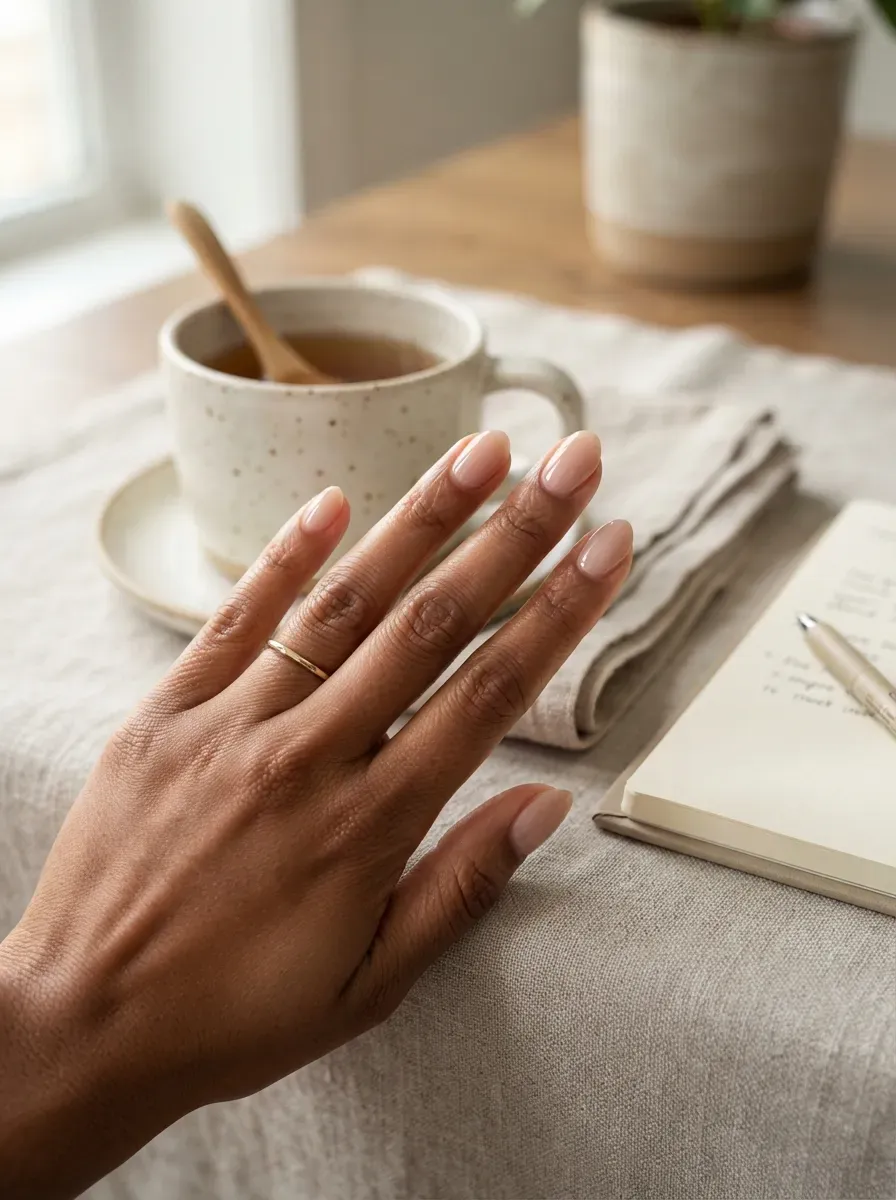 Short almond nails with ultra thin white French tips on warm brown skin