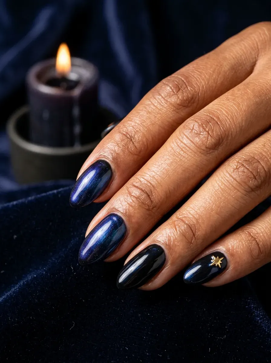 Nails with a color shifting duochrome finish that reads black and deep blue depending on the angle on warm brown skin