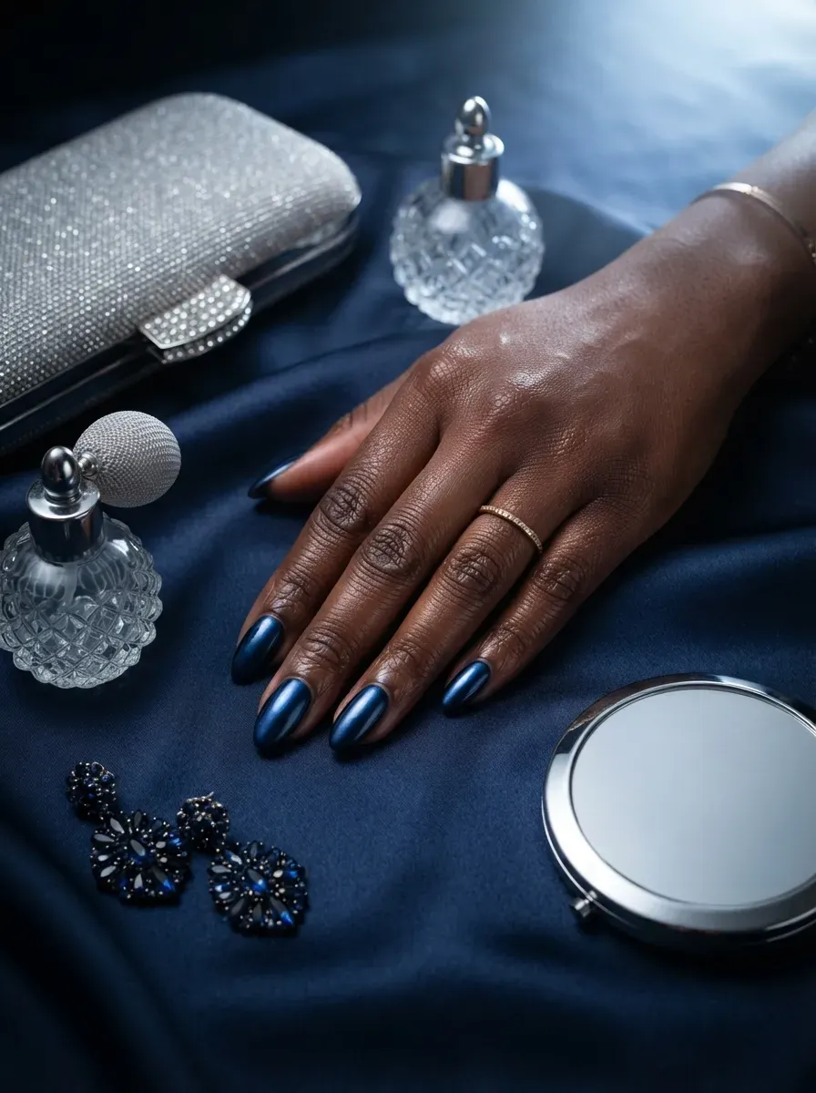 Midnight blue chrome French tips on almond nails over deep chestnut skin
