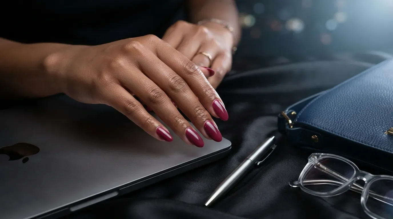 Long oval nails with smooth midnight blue steel chrome finish