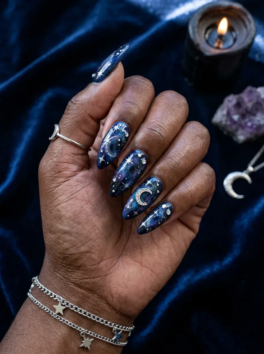 Midnight blue galaxy manicure with witch inspired stars