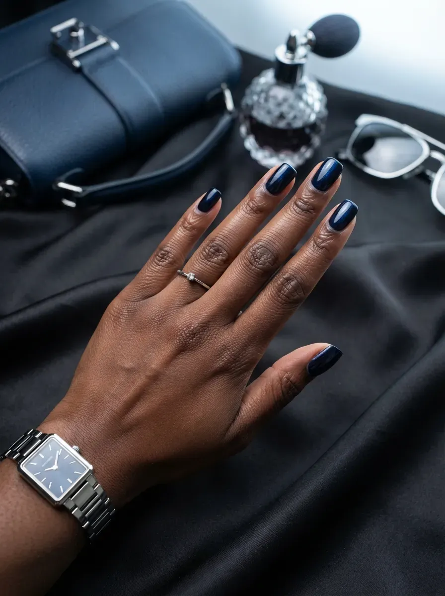 Midnight navy glossy nails on deep brown skin with silver accessories
