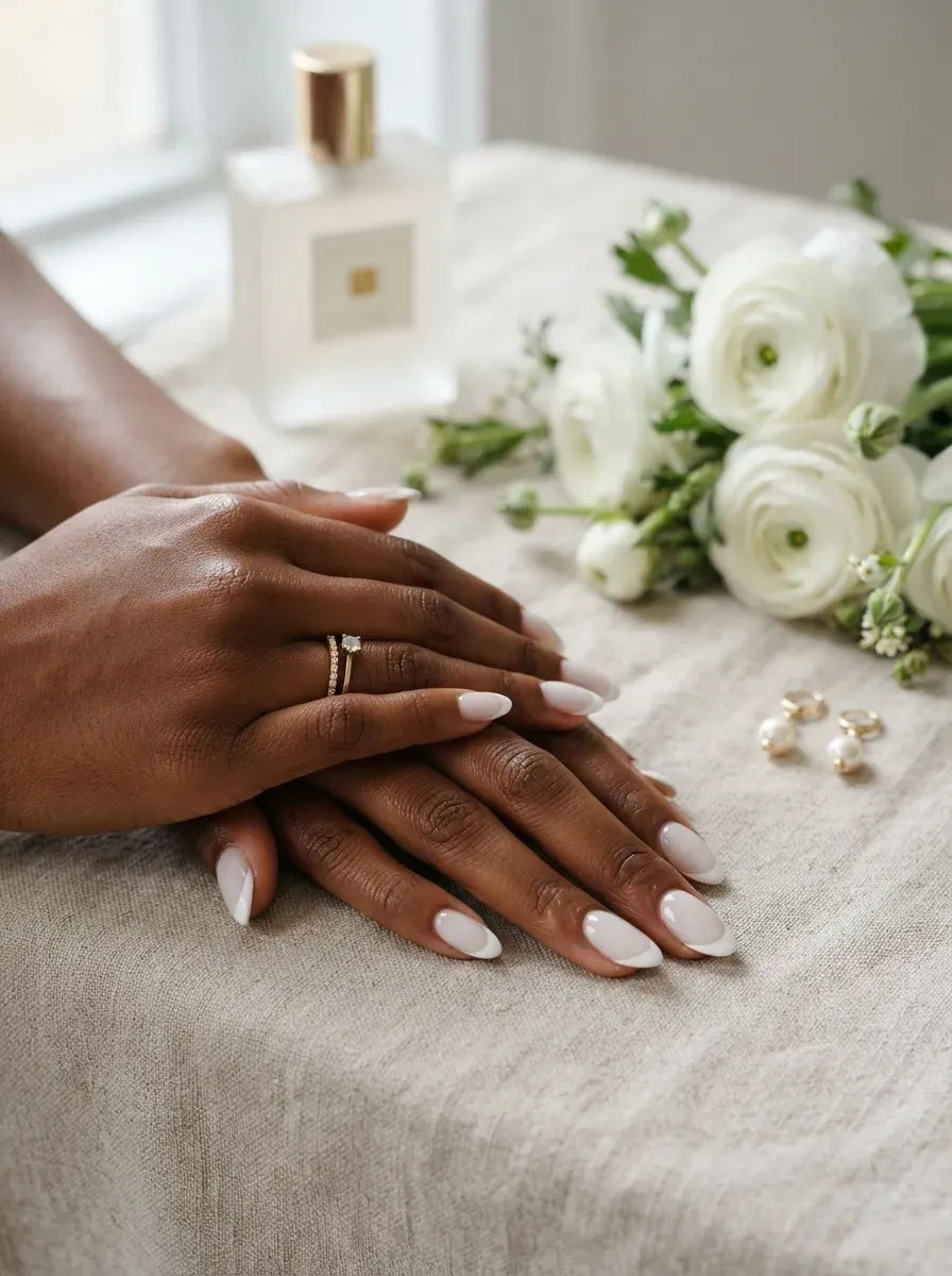 Soft white French tips over milky translucent base on rich brown skin