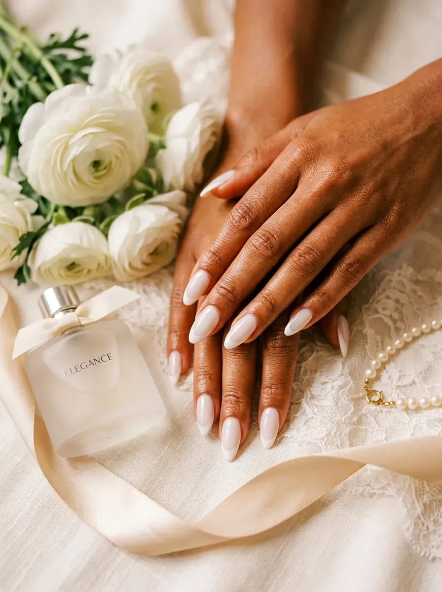 Long almond nails with milky base and crisp white French tips