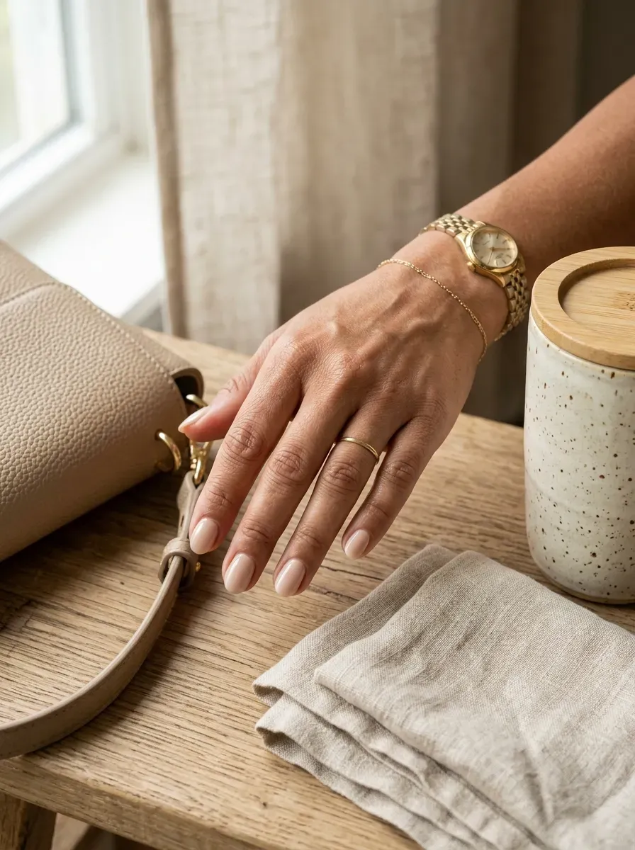 Short oval nails painted with softly translucent milky beige polish