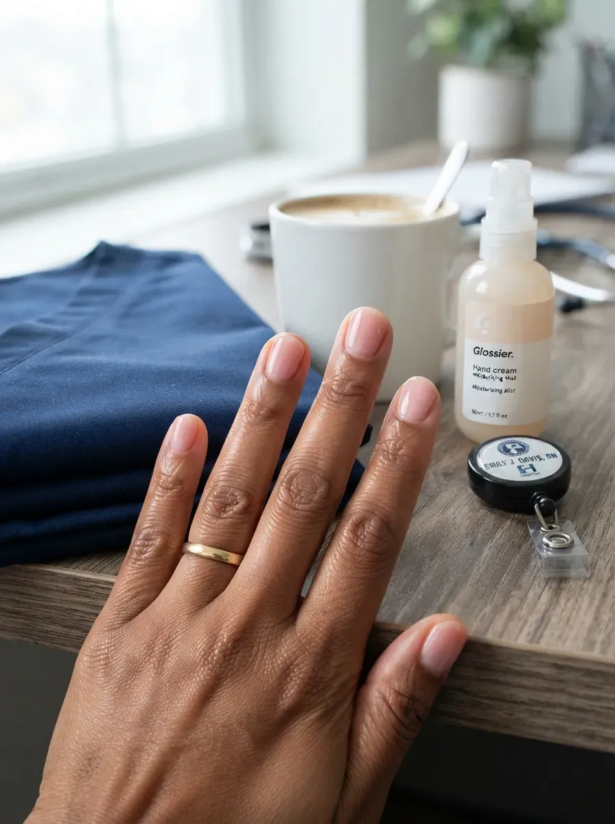 Short squoval nails painted with softly translucent milky beige gel