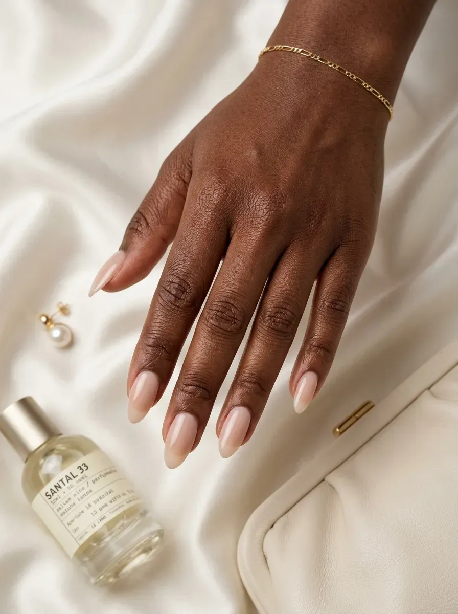 Milky nude almond nails on deep brown skin with elegant wedding accessories
