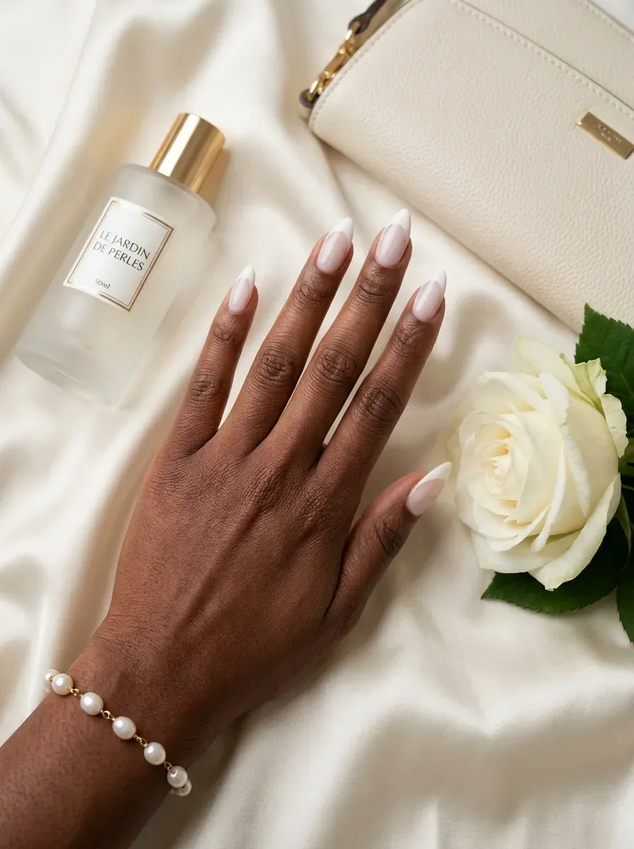 Milky nude almond nails with soft white classic French tips