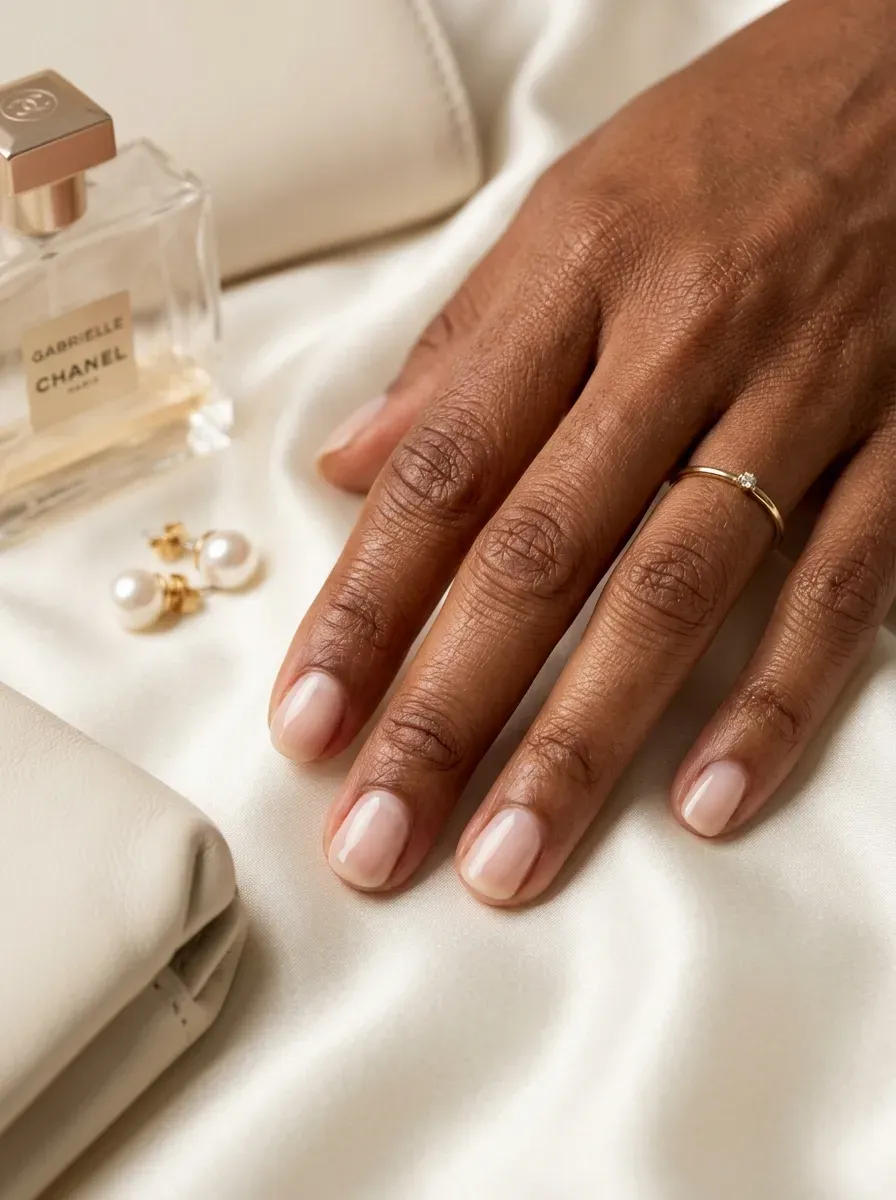Short milky nude rounded nails on warm brown skin with pearl accessories