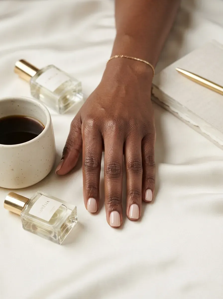 Glossy milky nude polish on short squoval nails and deep brown skin
