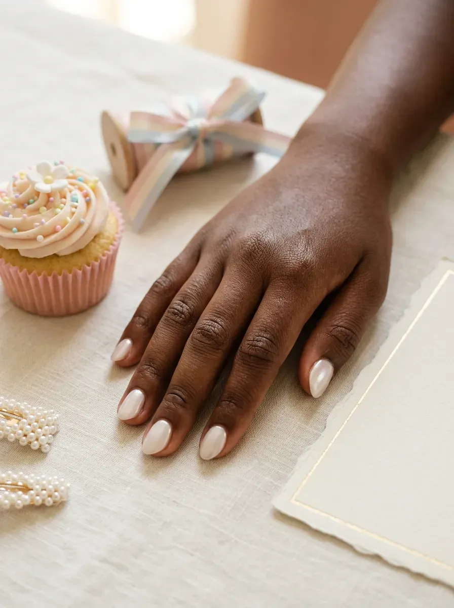 Short almond nails with milky polish and subtle pearl glaze