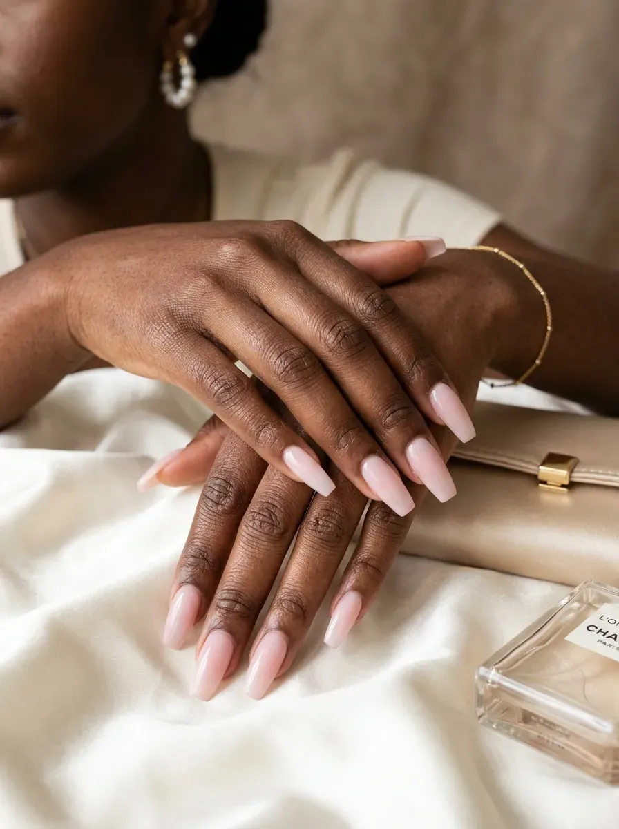 Long milky pink ballerina nails on rich brown skin with pearl accessories