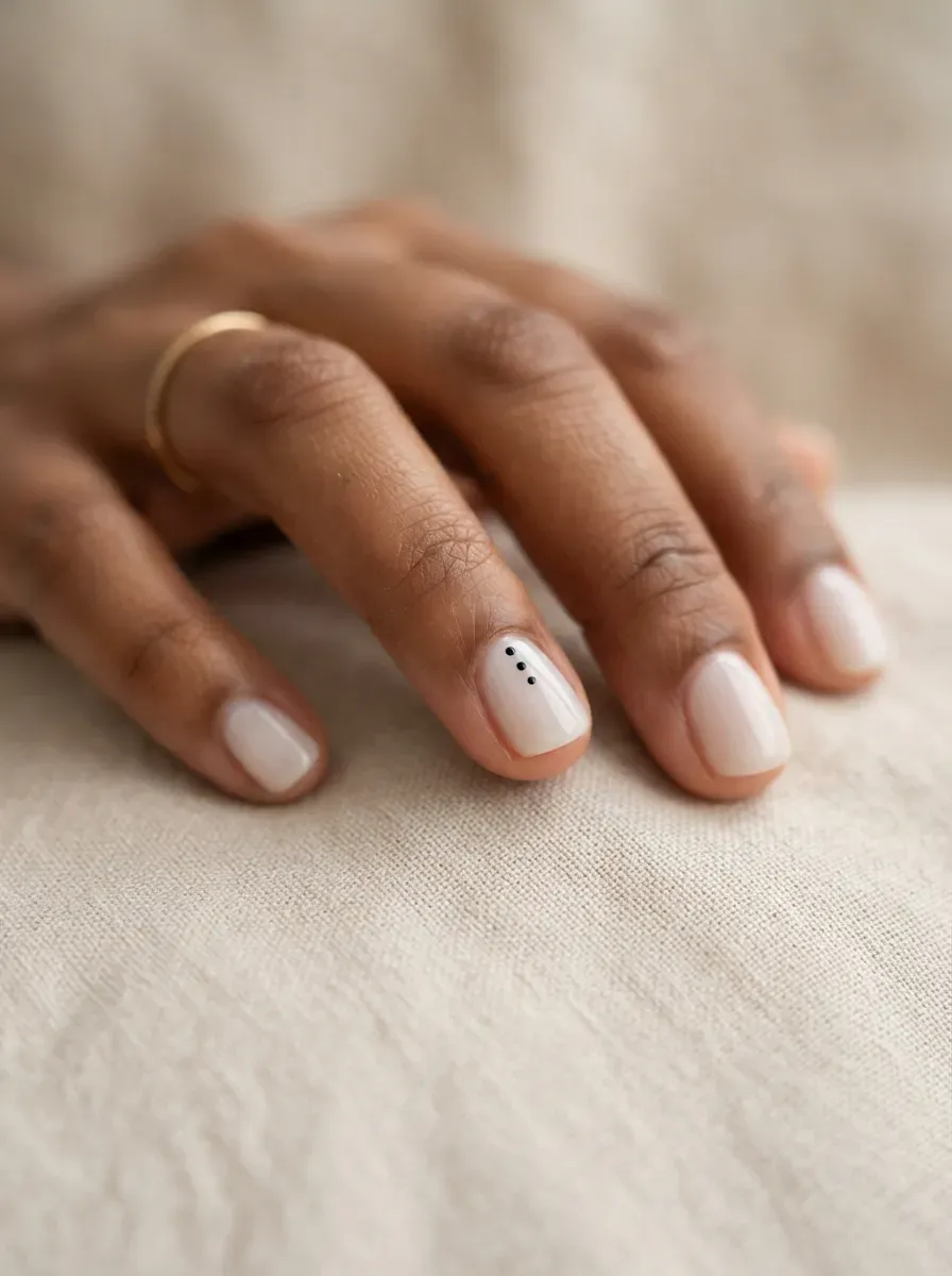 Sheer milky white short nails with three small black dots on the accent nail on brown skin with warm undertones