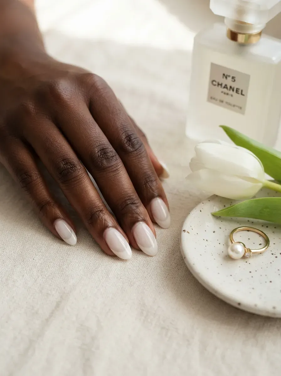 Milky white deep French tips on oval nails with chestnut skin