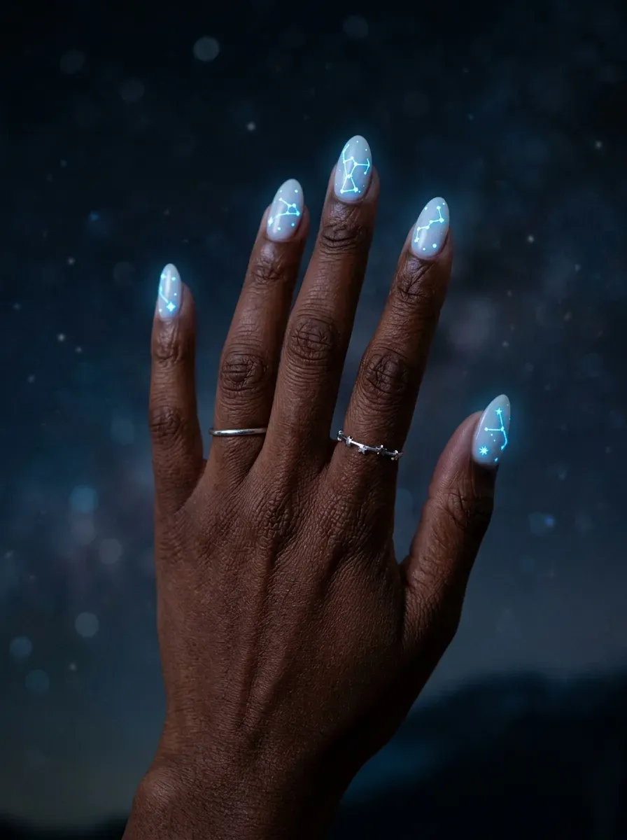 Milky white nails featuring subtle blue glow-in-the-dark starlight art