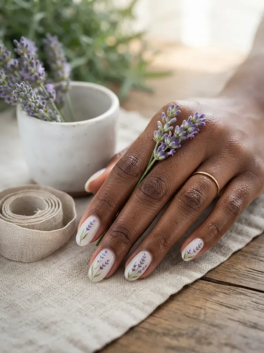 Milky white nails painted with fine lavender sprigs and green stems