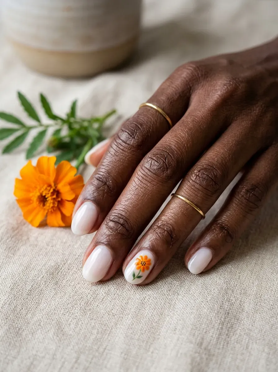Sheer milky white nails with one nail featuring a small painted marigold flower on rich dark skin tone