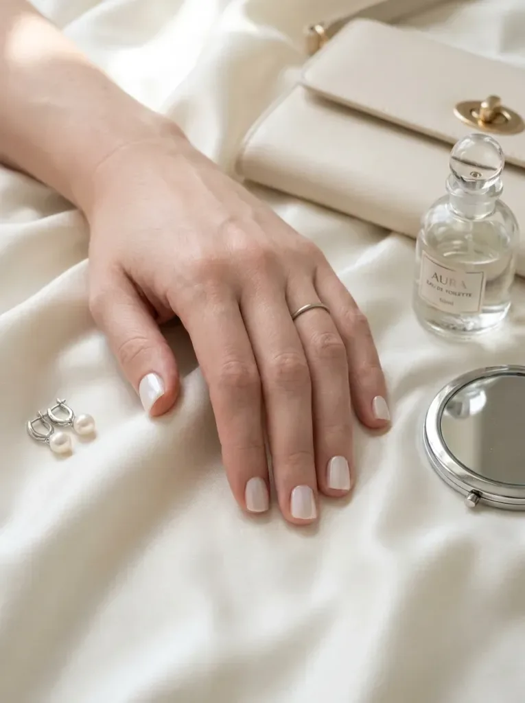 Short almond nails with milky white polish and pearl glaze