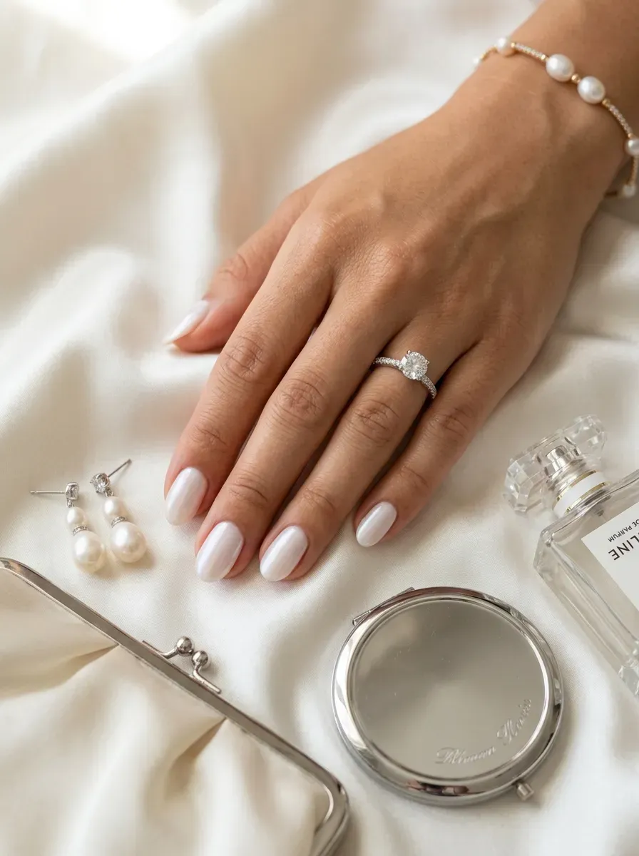 Short almond nails with milky white polish and pearl glaze